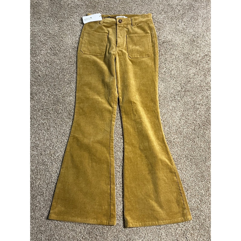 Molly Bracken Patch Pocket Corduroy Flare Pants Mustard XS NWT